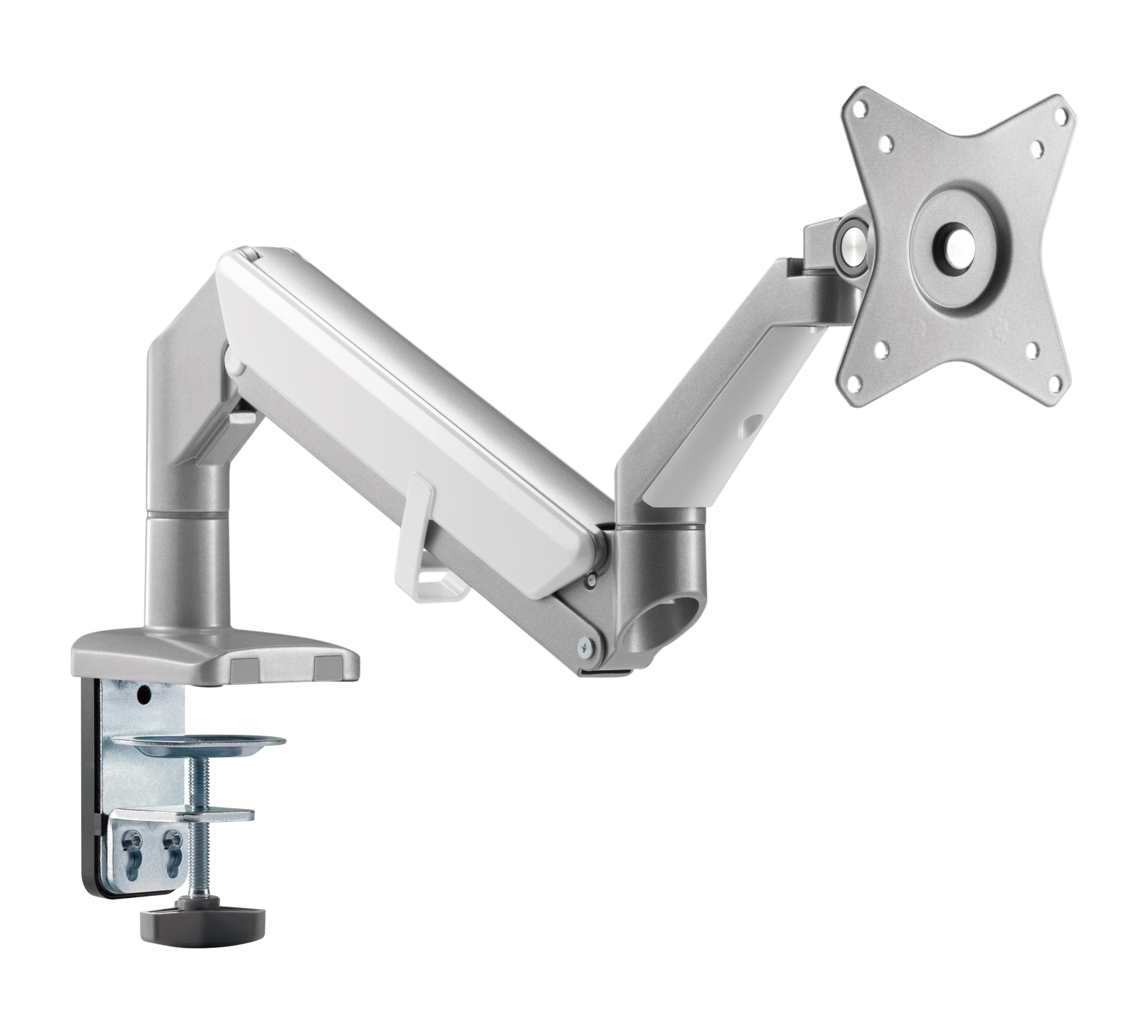 Silver LCD monitor arm with gas spring and three-joint design for ergonomic positioning by ErgoFinland.