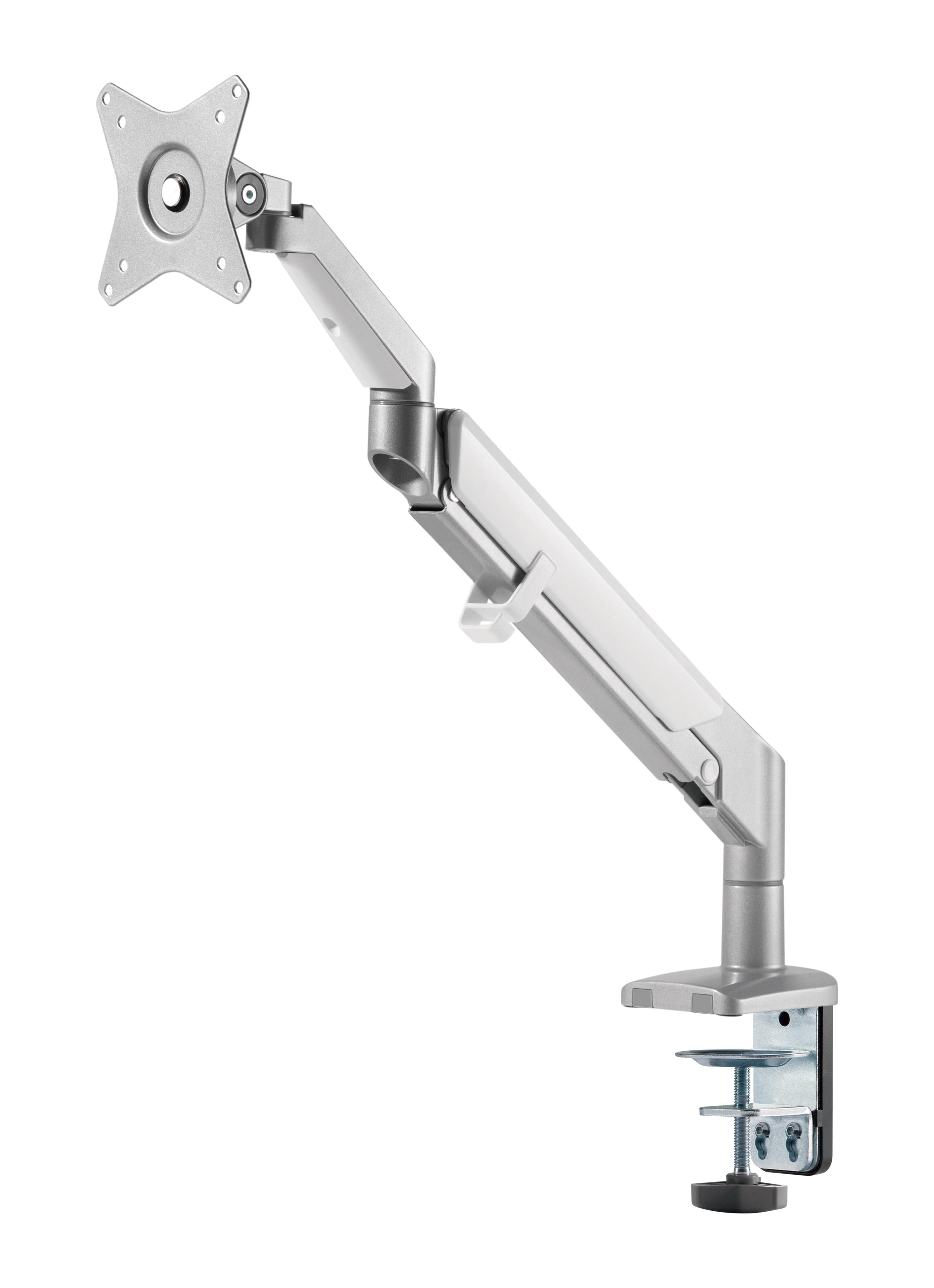 Silver LCD monitor arm with gas spring and three-joint design for ergonomic adjustments by ErgoFinland.