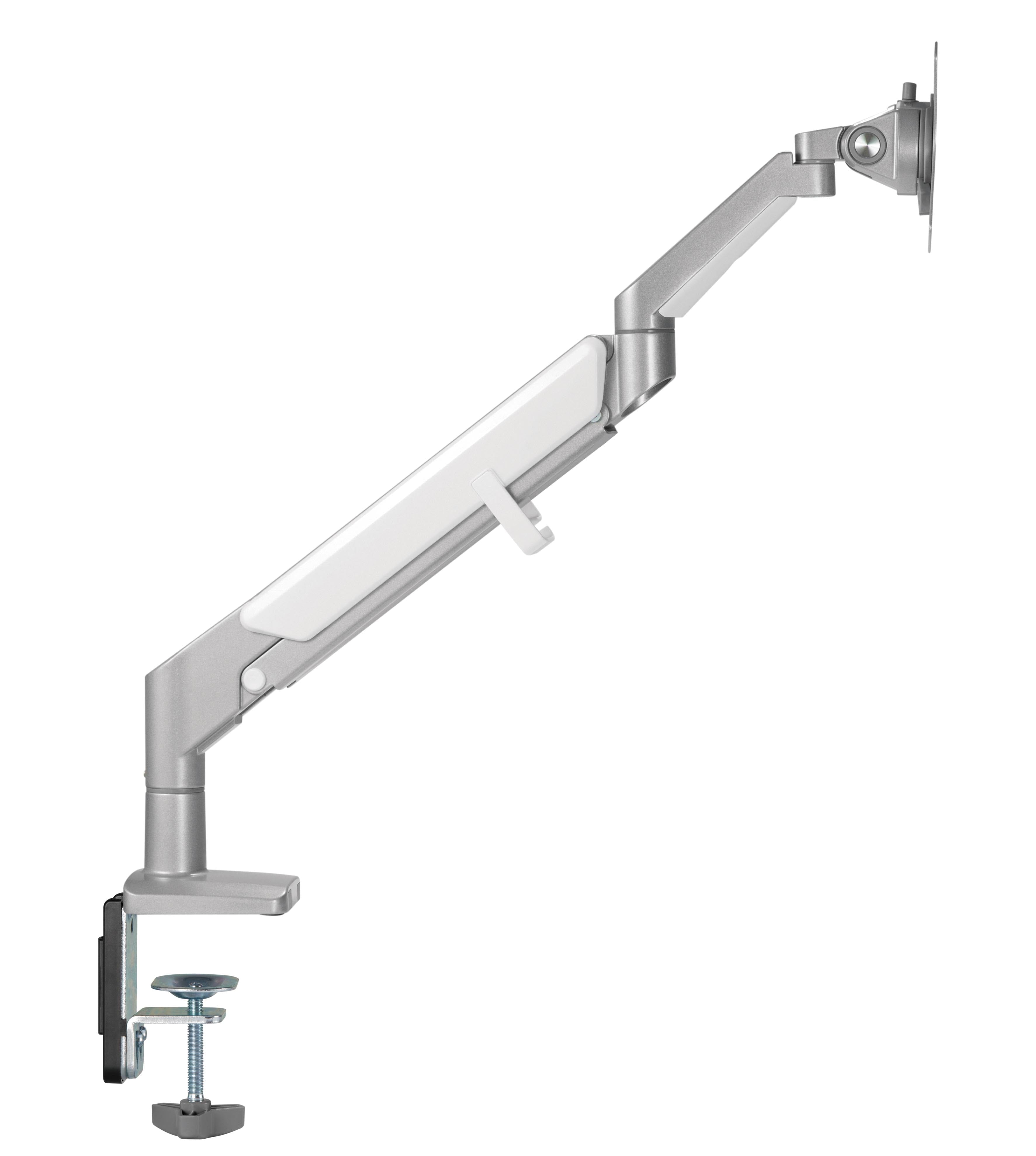 Silver LCD monitor arm with gas spring and adjustable joints, enhancing ergonomic workspace by ErgoFinland's Elevate360.