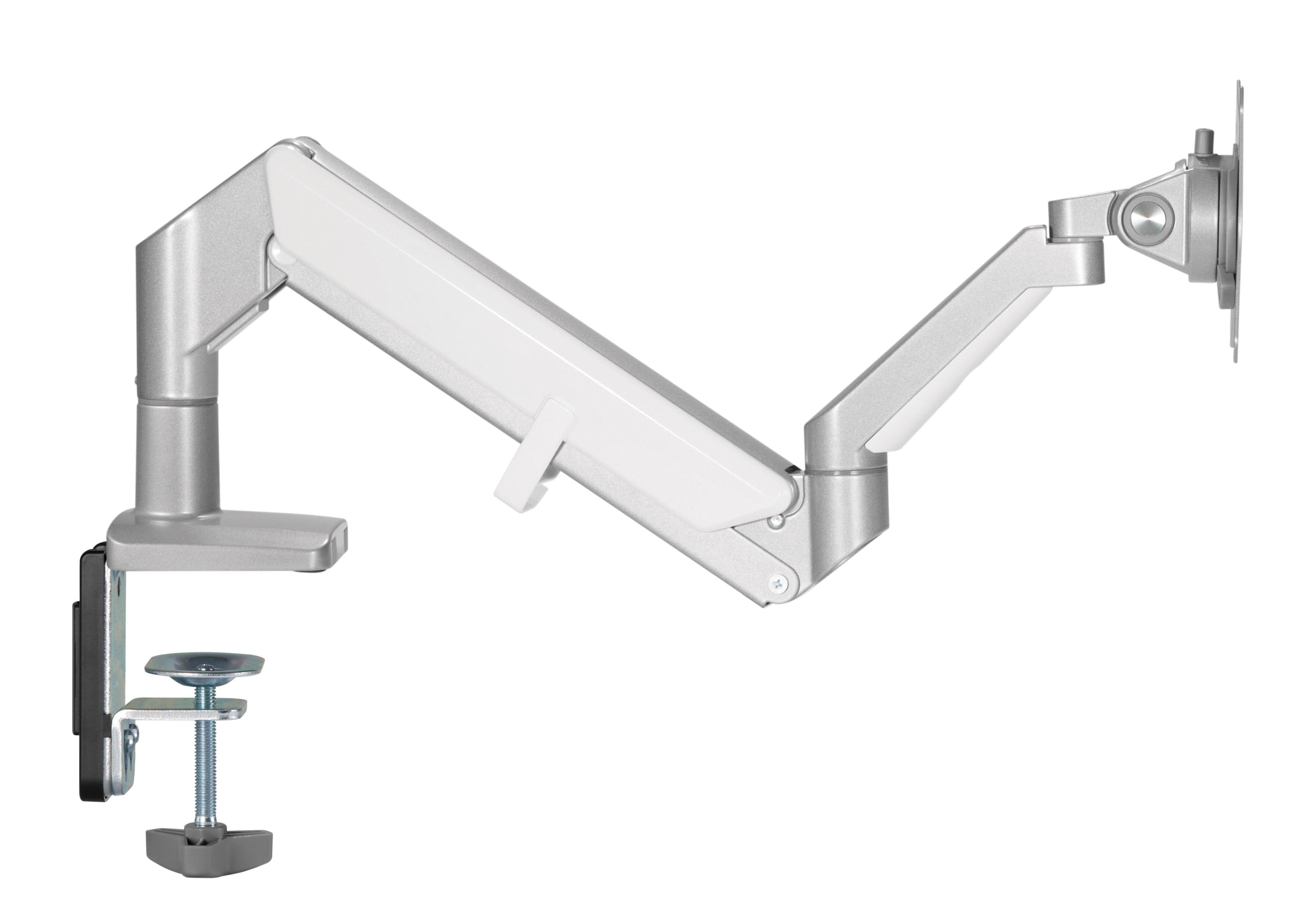 Silver LCD monitor arm with gas spring for ergonomic adjustment, featuring a three-joint design by ErgoFinland.