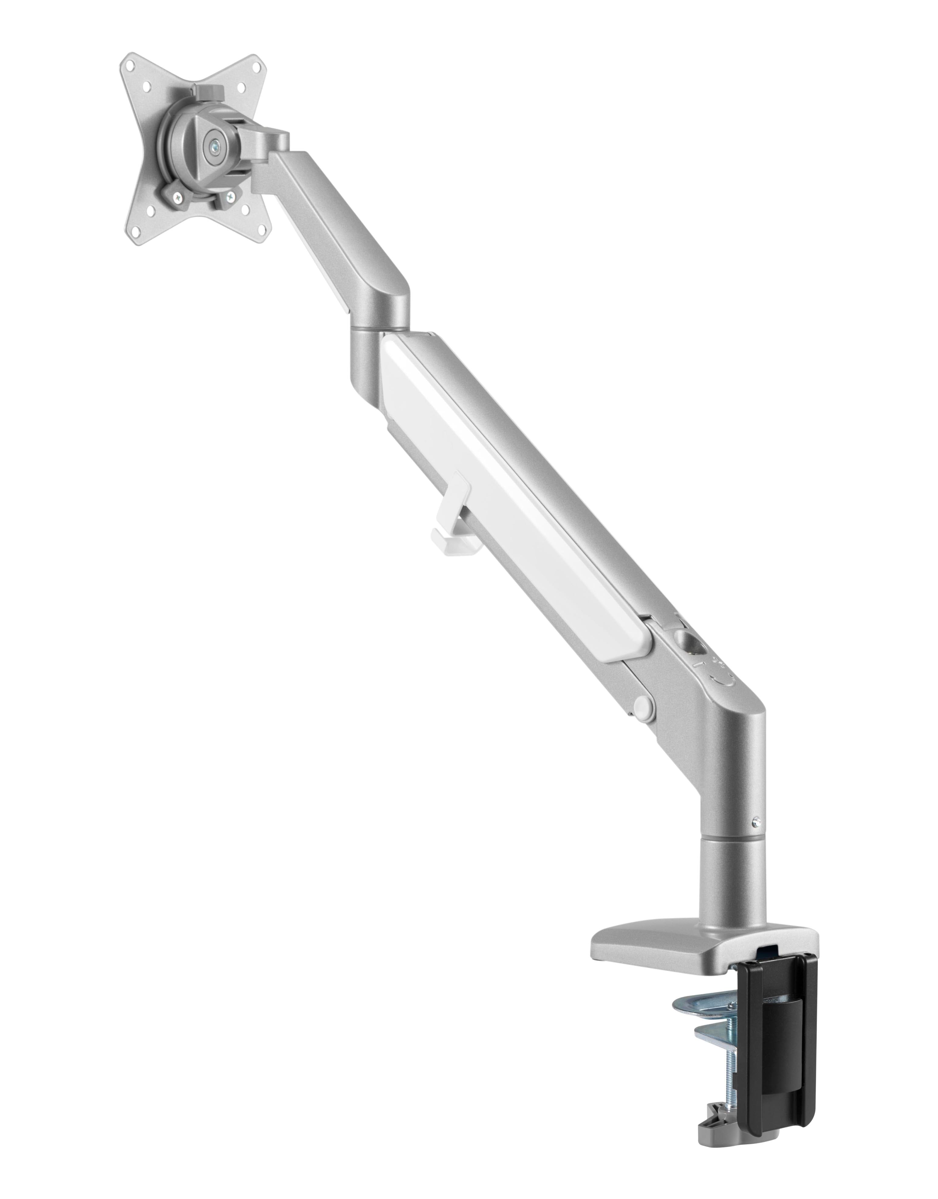 Silver LCD monitor arm with gas spring and adjustable joints for ergonomic workspace setup.