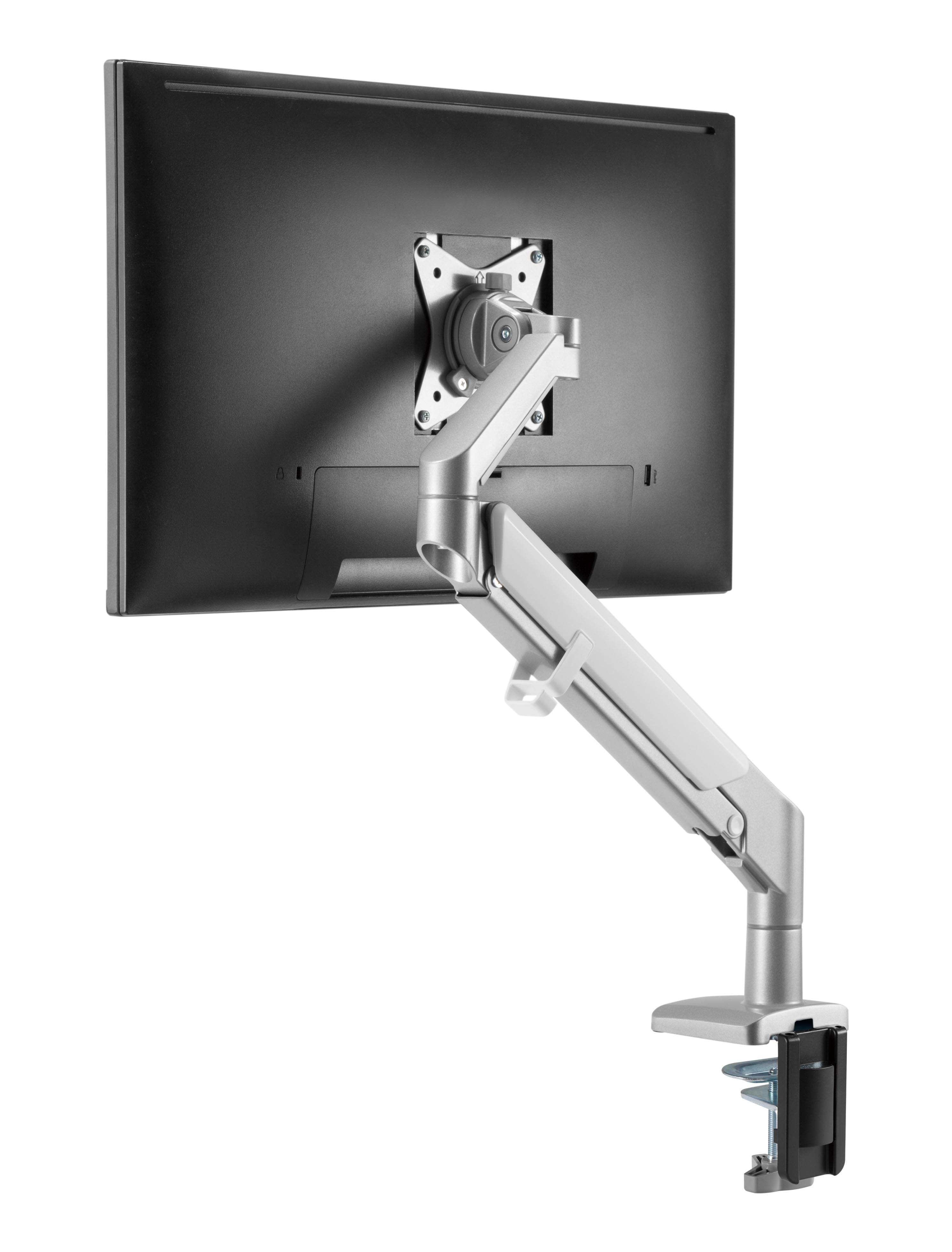 Silver LCD monitor arm with gas spring for ergonomic adjustment, featuring adjustable three-joint design by ErgoFinland.