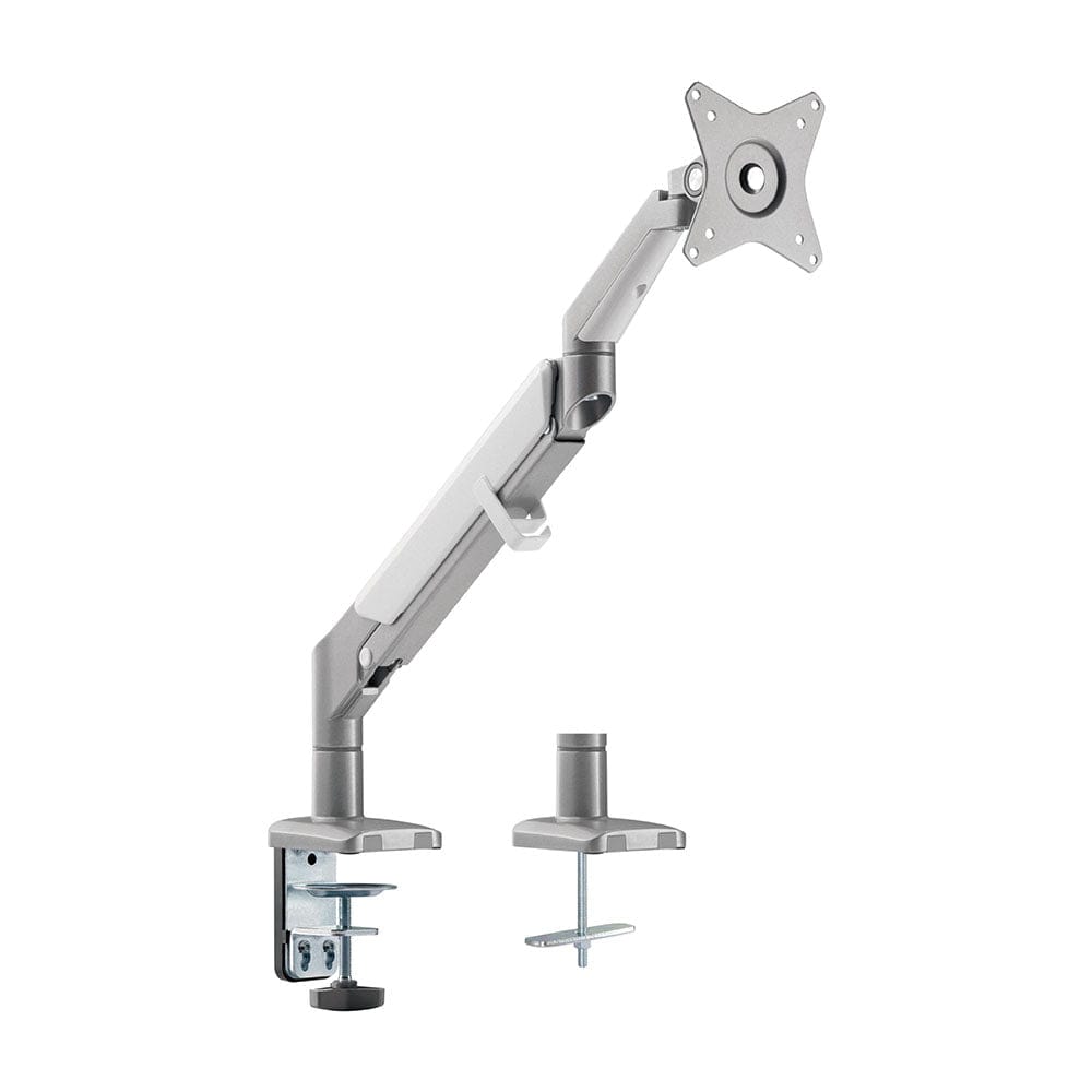 Silver Elevate360 LCD monitor arm with gas spring, featuring ergonomic design and adjustable orientation by ErgoFinland.