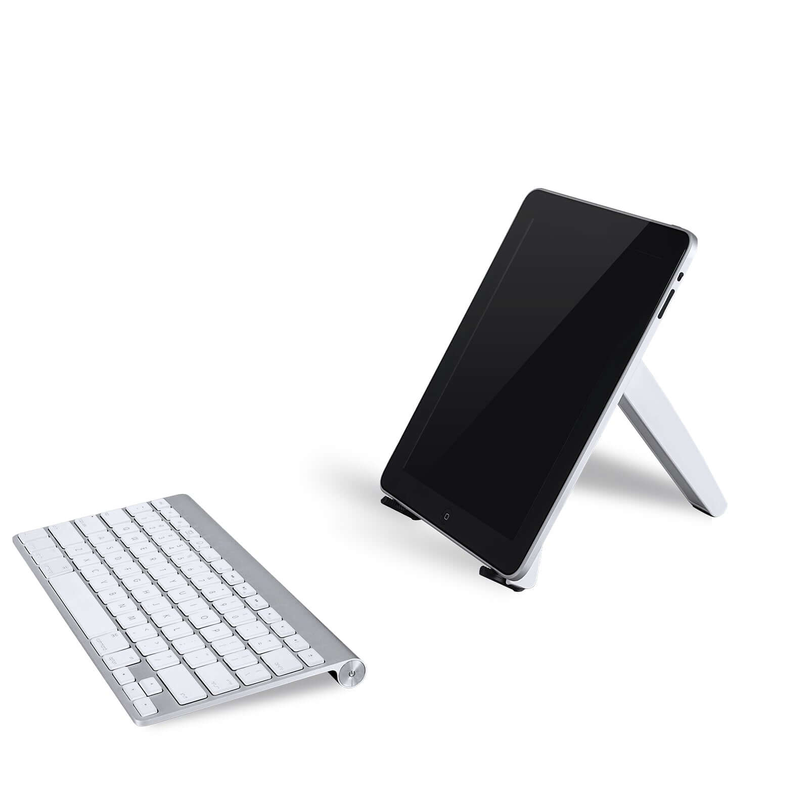 White Spider laptop and tablet stand with keyboard, perfect for ergonomic setups and versatile device support.