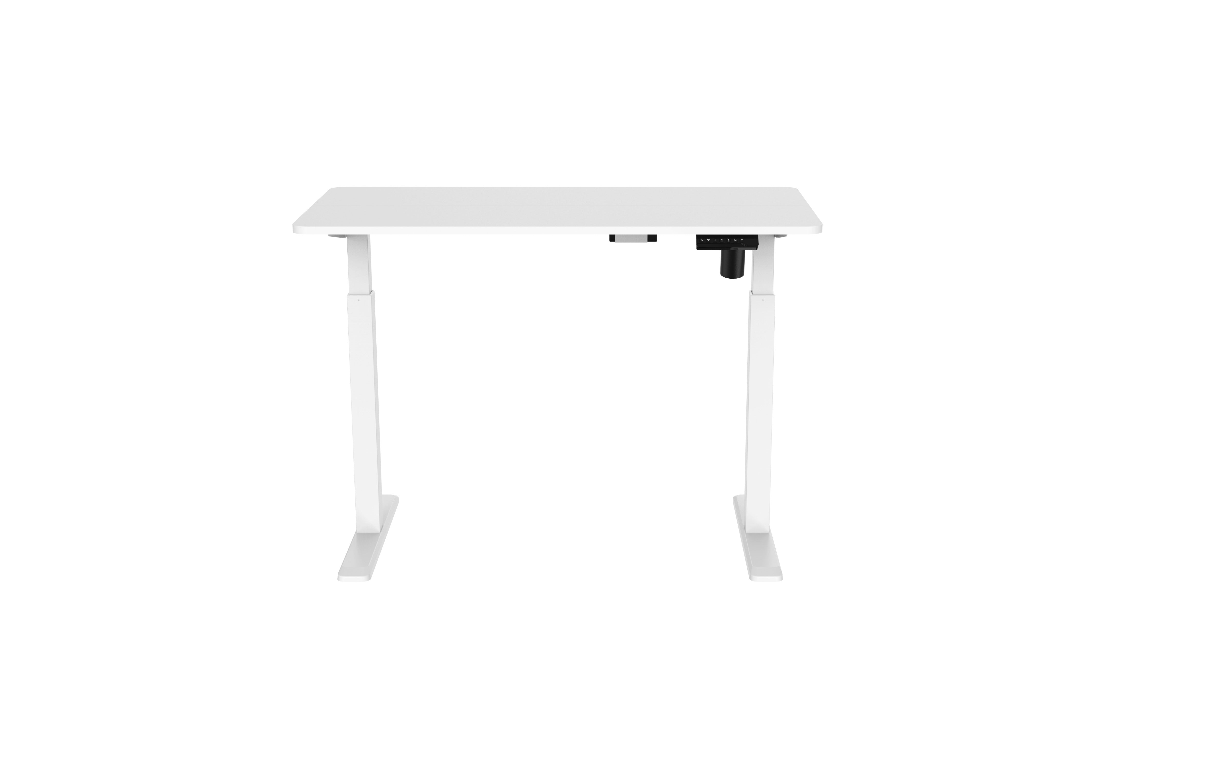 White GetUpDesk Elite electric adjustable desk with button controller for offices and homes.