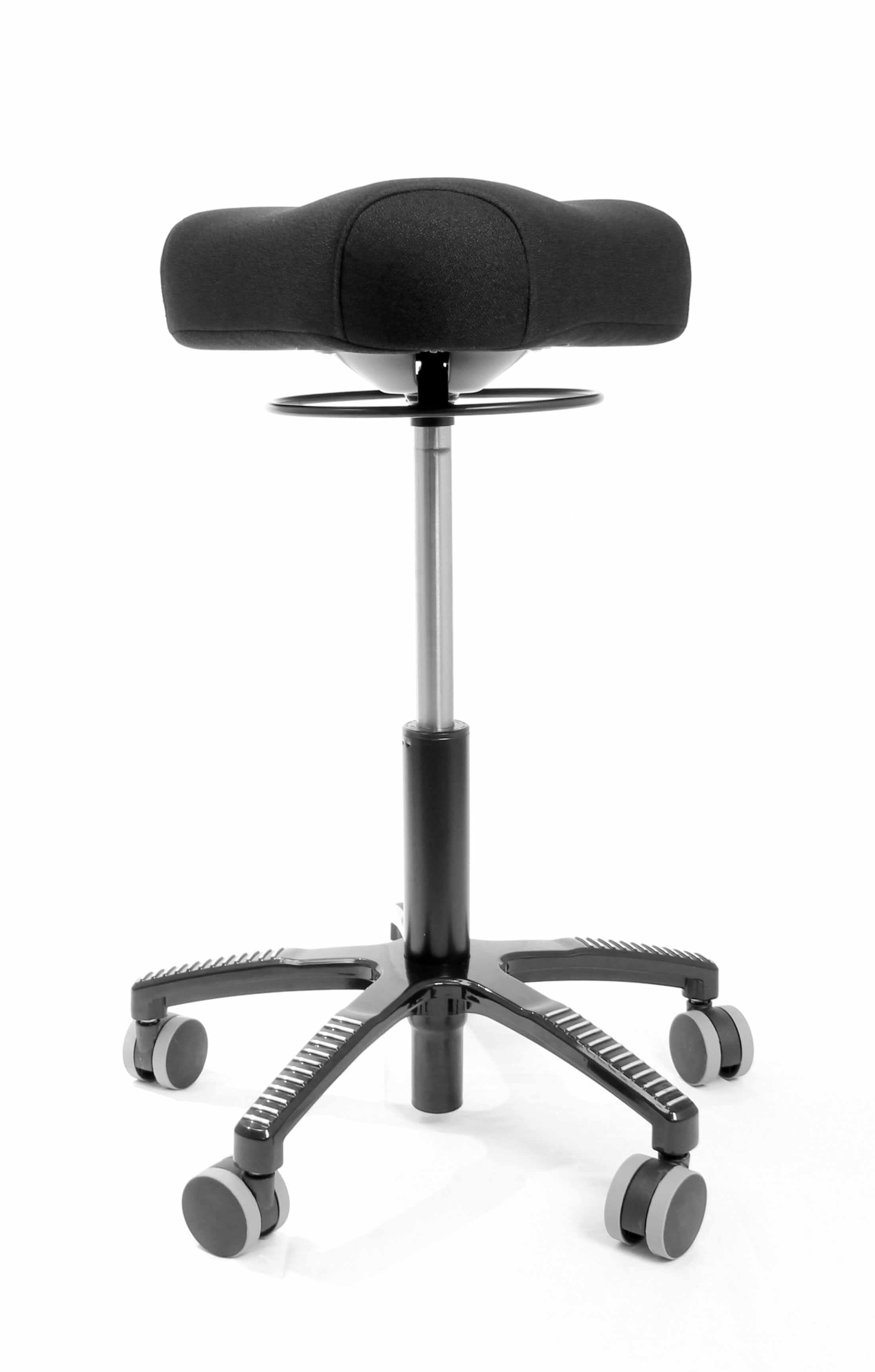 Ergonomic black stool with cushioned seat and adjustable height on a wheeled base.