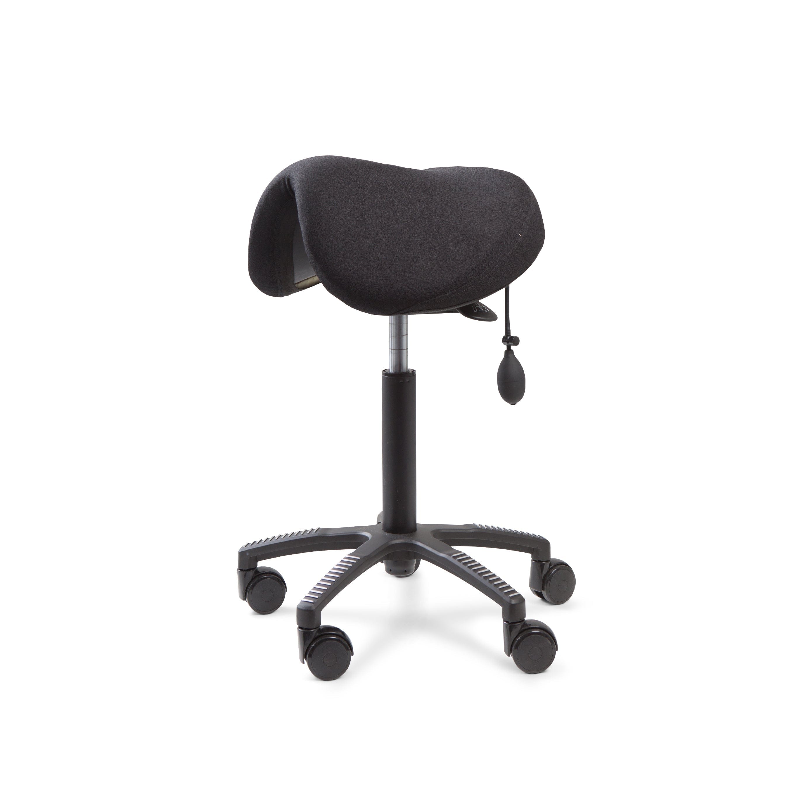 Black Aircell Soft saddle chair with adjustable air cushion and seat inclination, designed for ergonomic sitting and comfort.