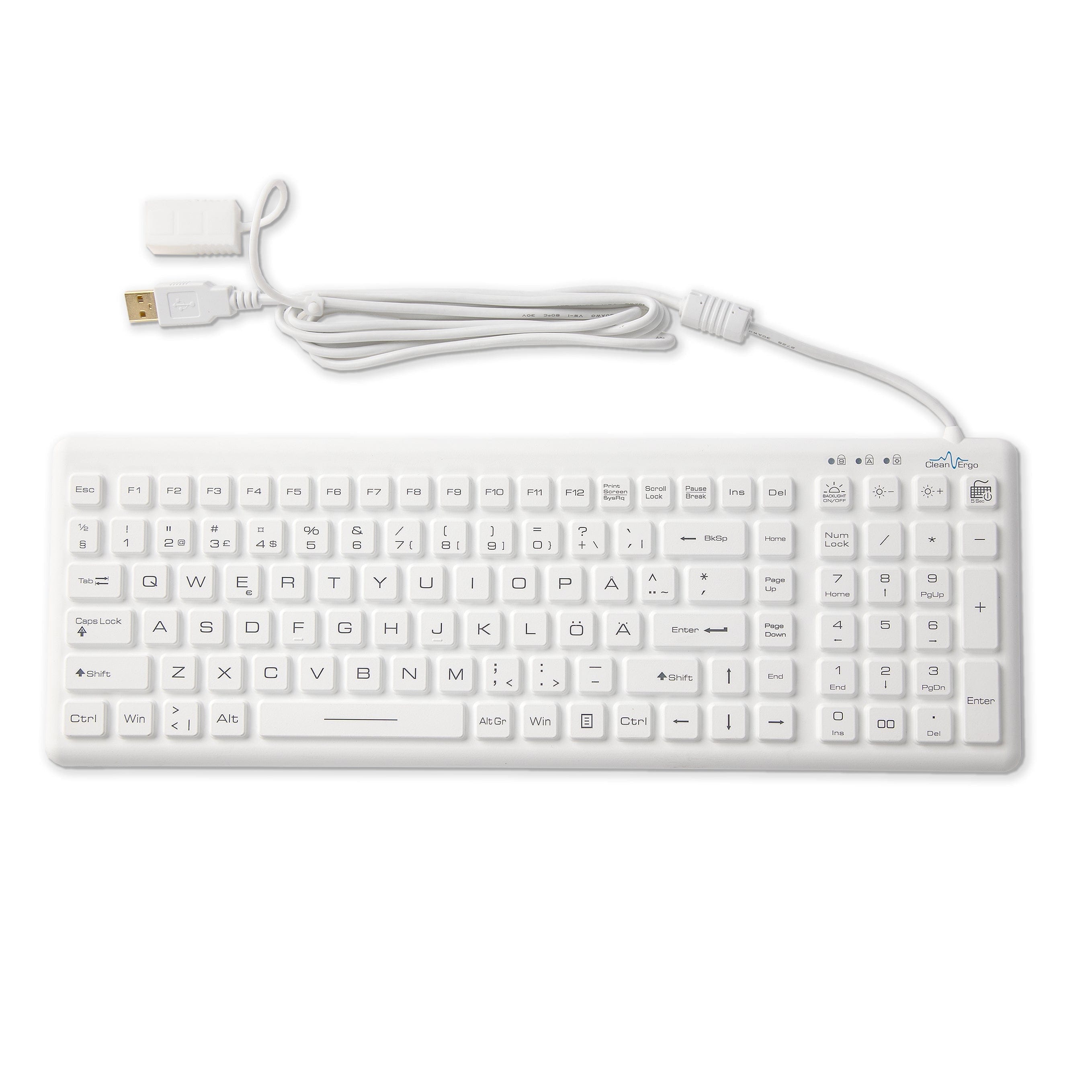 Medical wired keyboard, washable and disinfectable, ideal for hygiene in medical settings, with USB connection.