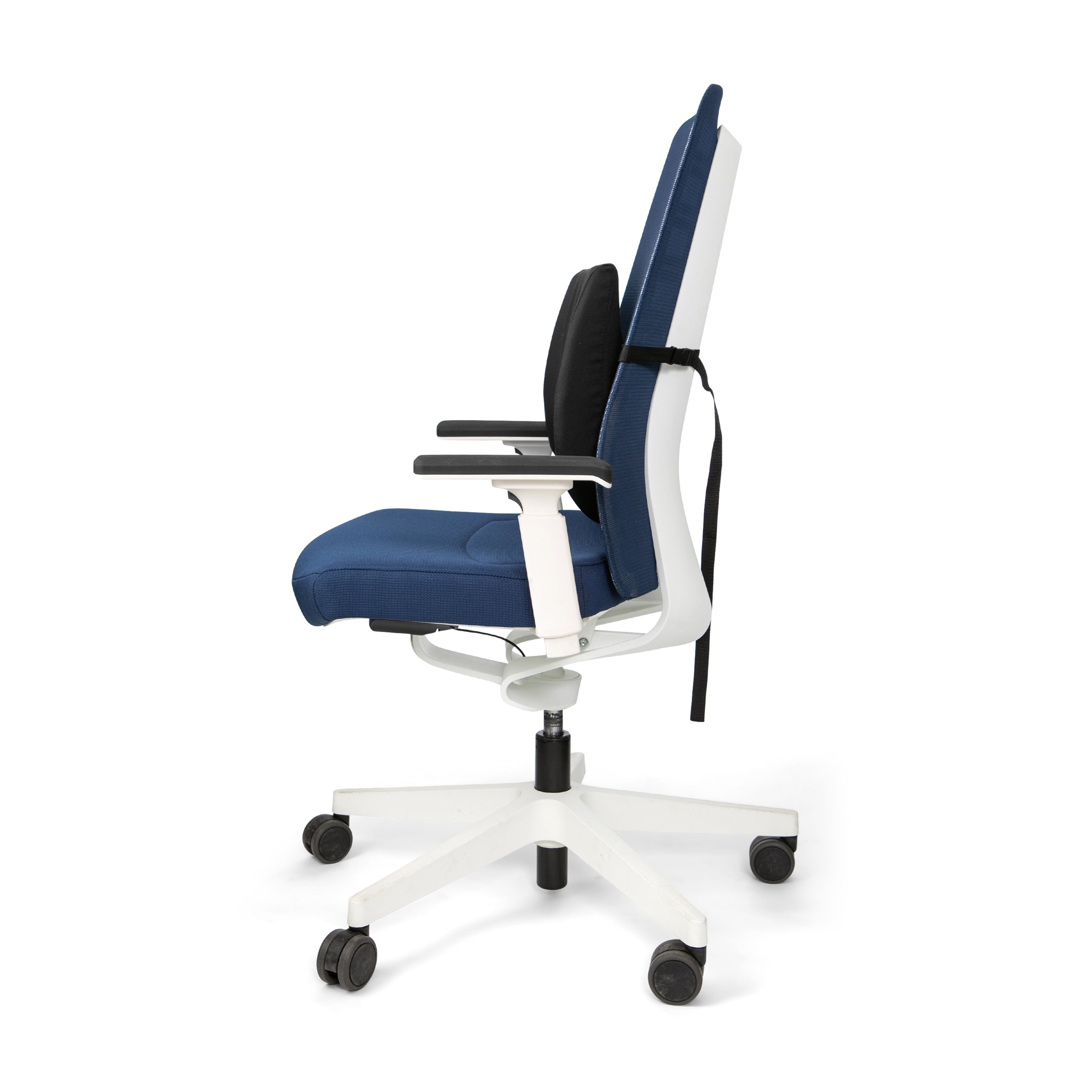 Ergonomic Deluxe Back Support Cushion on office chair for optimal spine alignment and comfort during long sitting sessions.