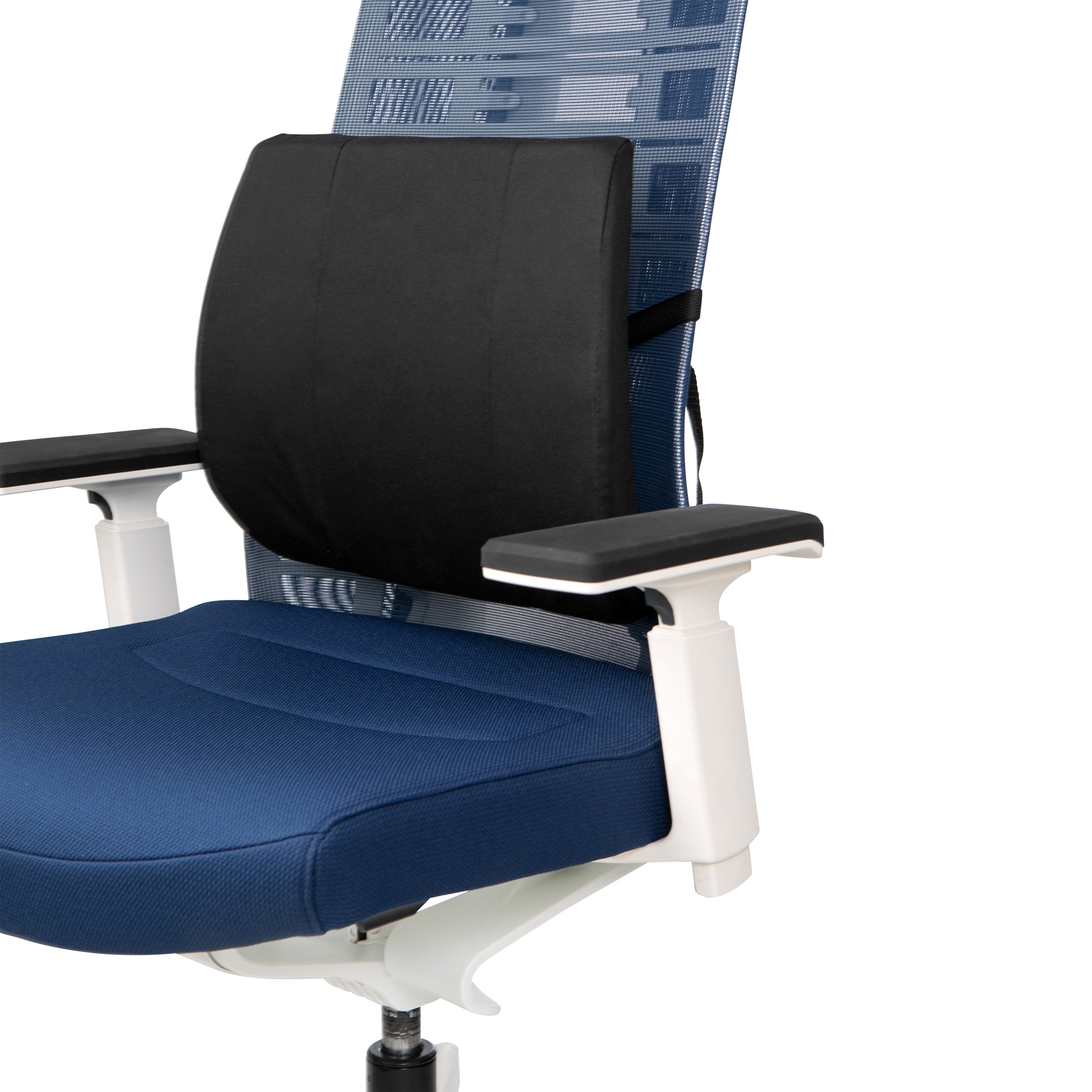 Ergonomic Deluxe Back Support Cushion on office chair for improved posture and comfort during long sitting periods.