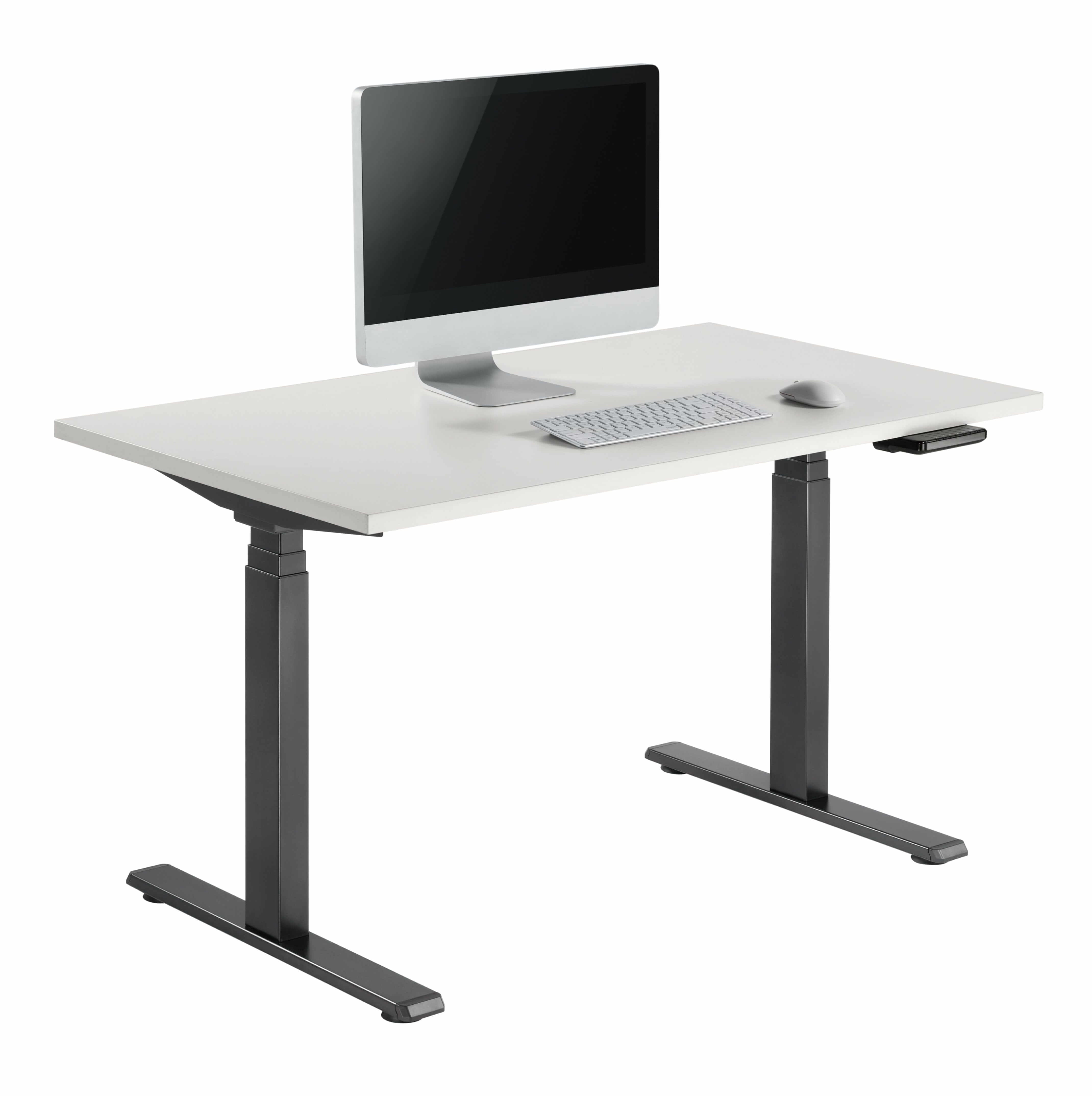 Modern adjustable desk with GetUpDesk Duo electric frame in black featuring a computer workstation setup.