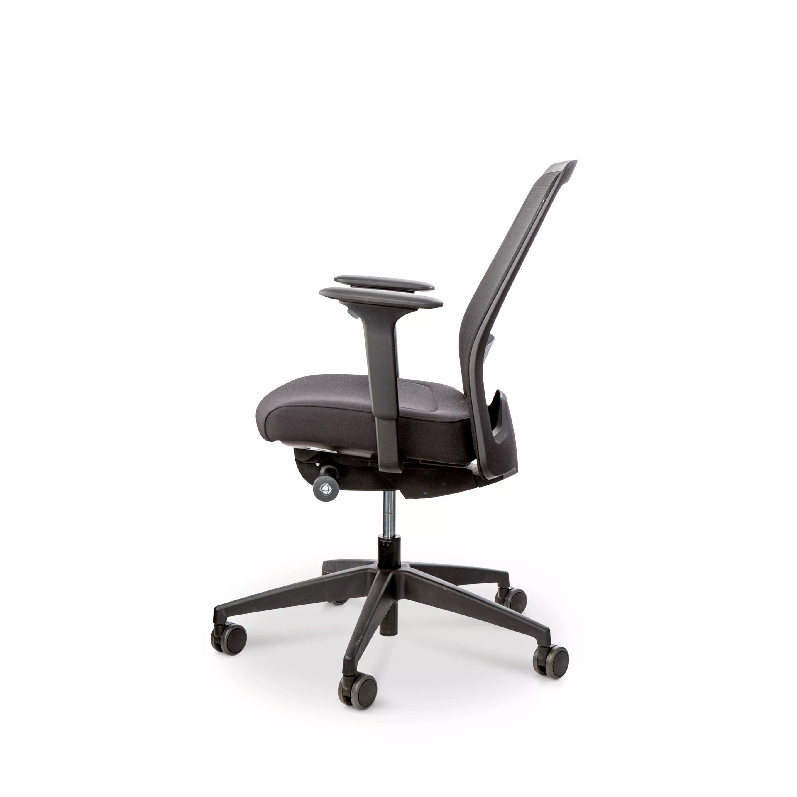 EVERYis1 dynamic office chair with FlexTech mechanism in black, side view showing ergonomic design and adjustable features.