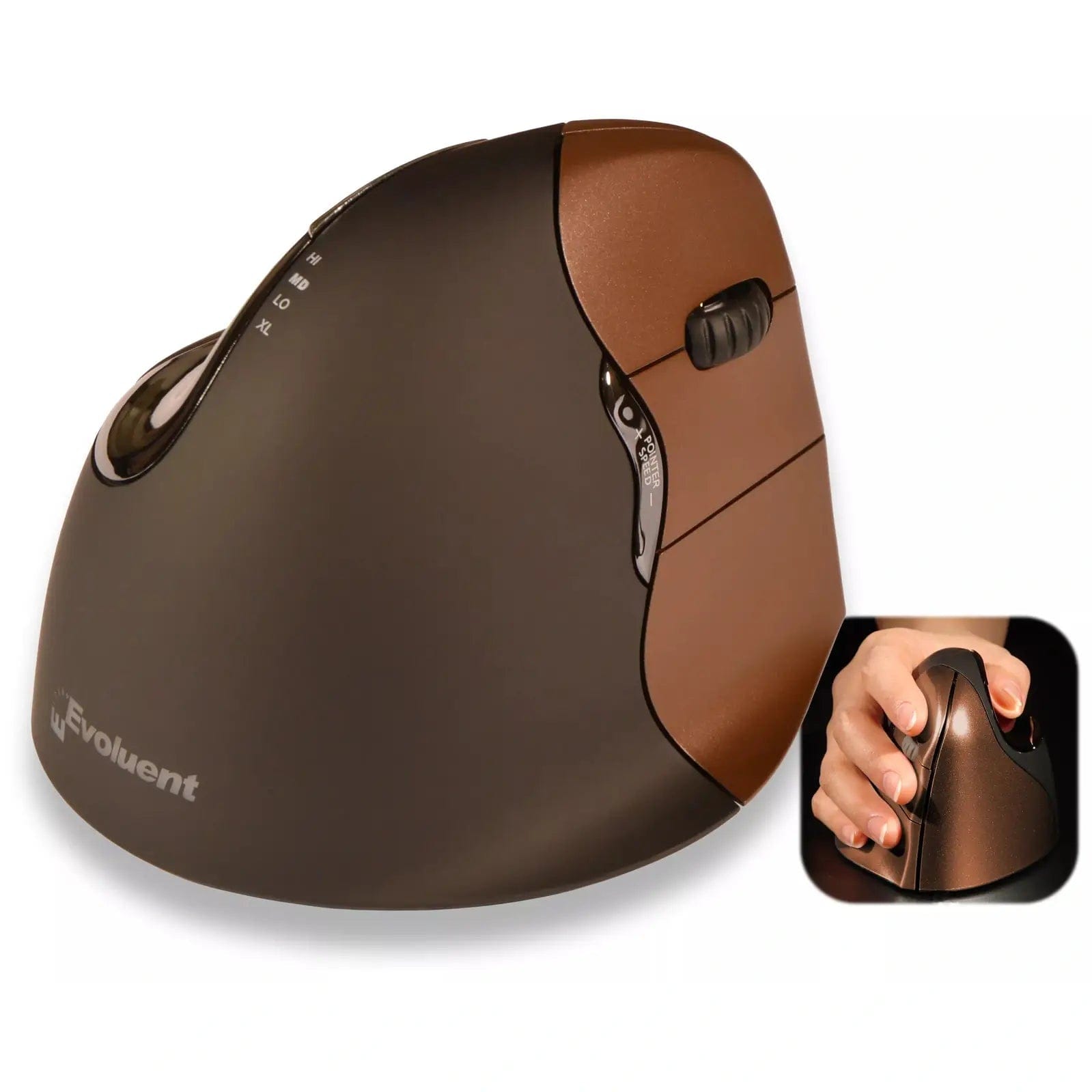 Ergonomic Evoluent V4 small vertical wireless mouse with patented design for natural hand position and reduced wrist strain.