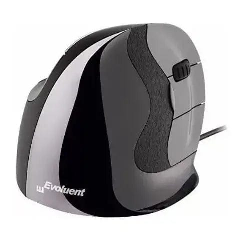 Ergonomic wired Evoluent Vertical Mouse D in black and silver, featuring a sleek design for reduced wrist strain and optimal comfort.