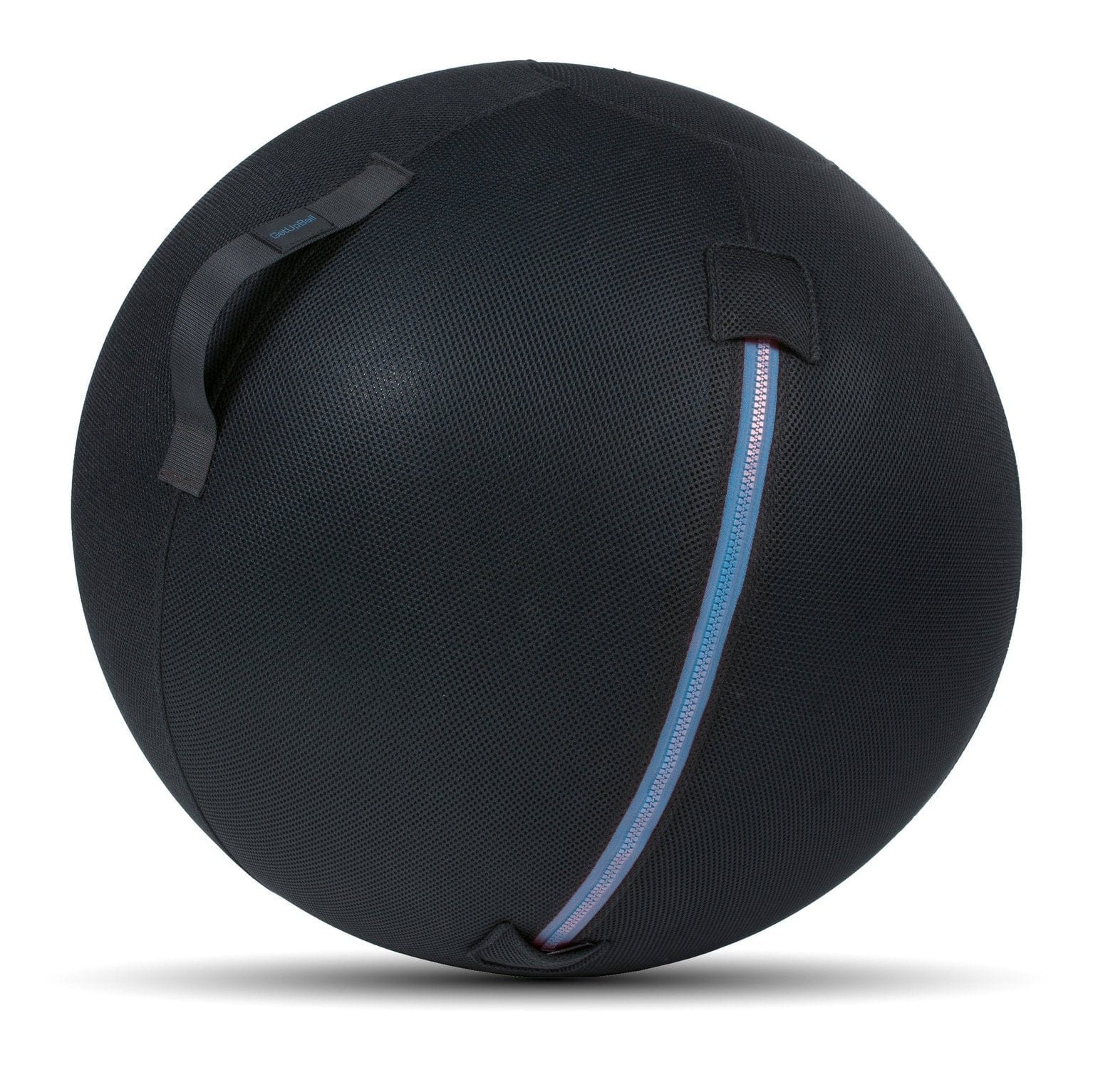 Ergonomic GetUpBall office ball, black, 65 cm, with removable cover and handle for easy cleaning and improved posture while sitting.