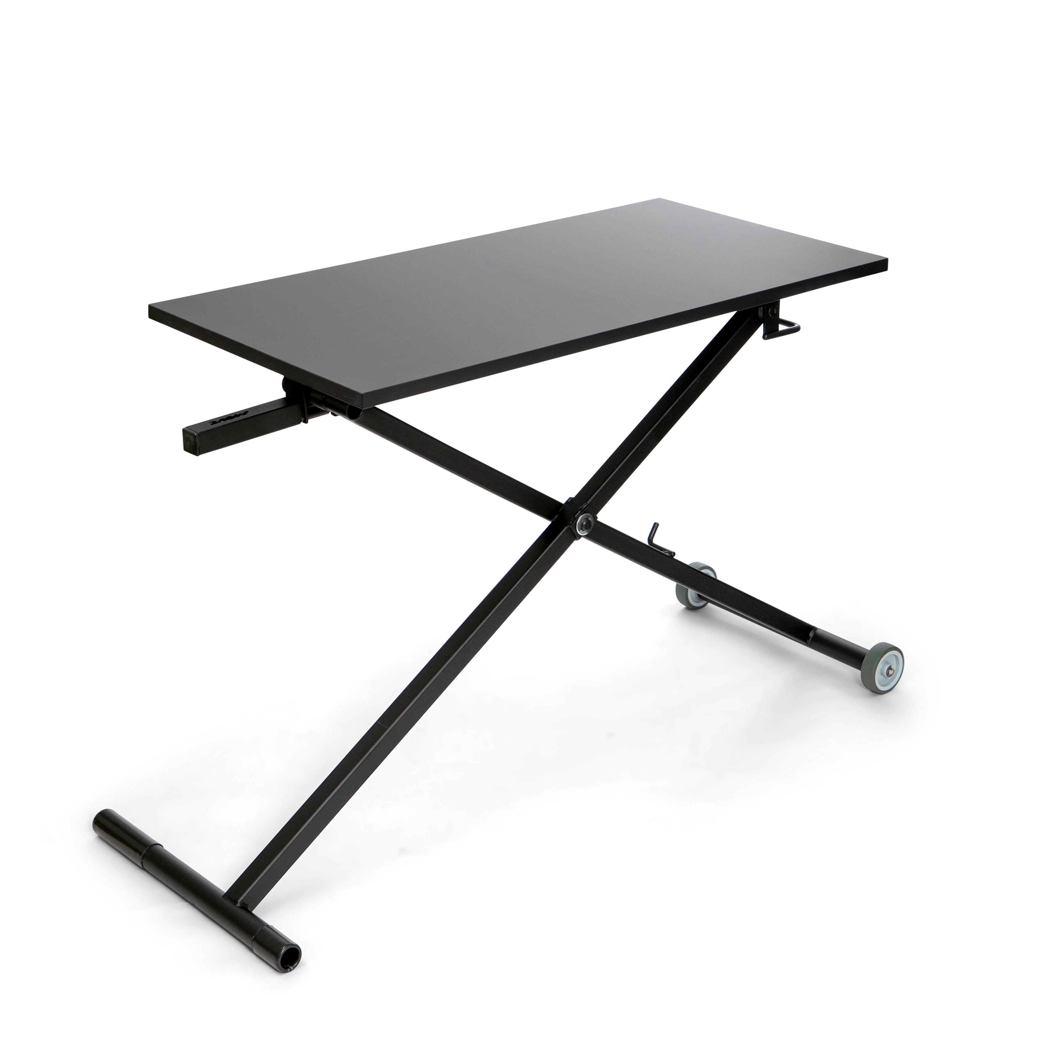 GetUpDesk Move black adjustable desk with wheels, ideal for flexible work setups in homes and offices.