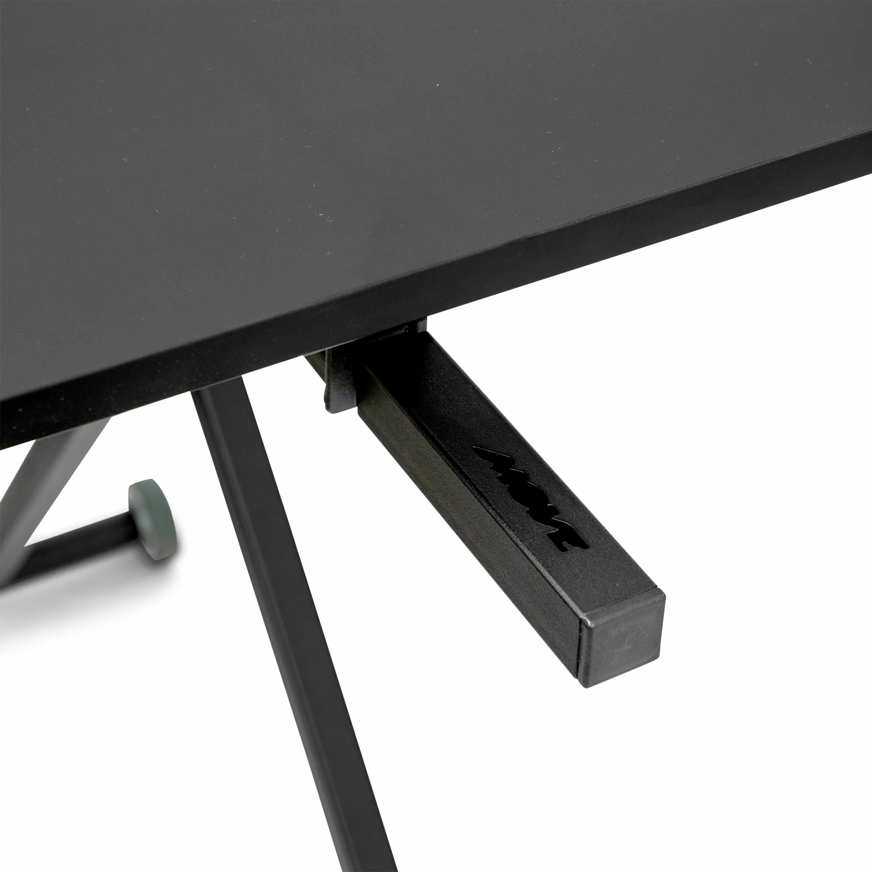 Adjustable black desk from GetUpDesk Move with lever and wheels for easy mobility, ideal for flexible workspaces.