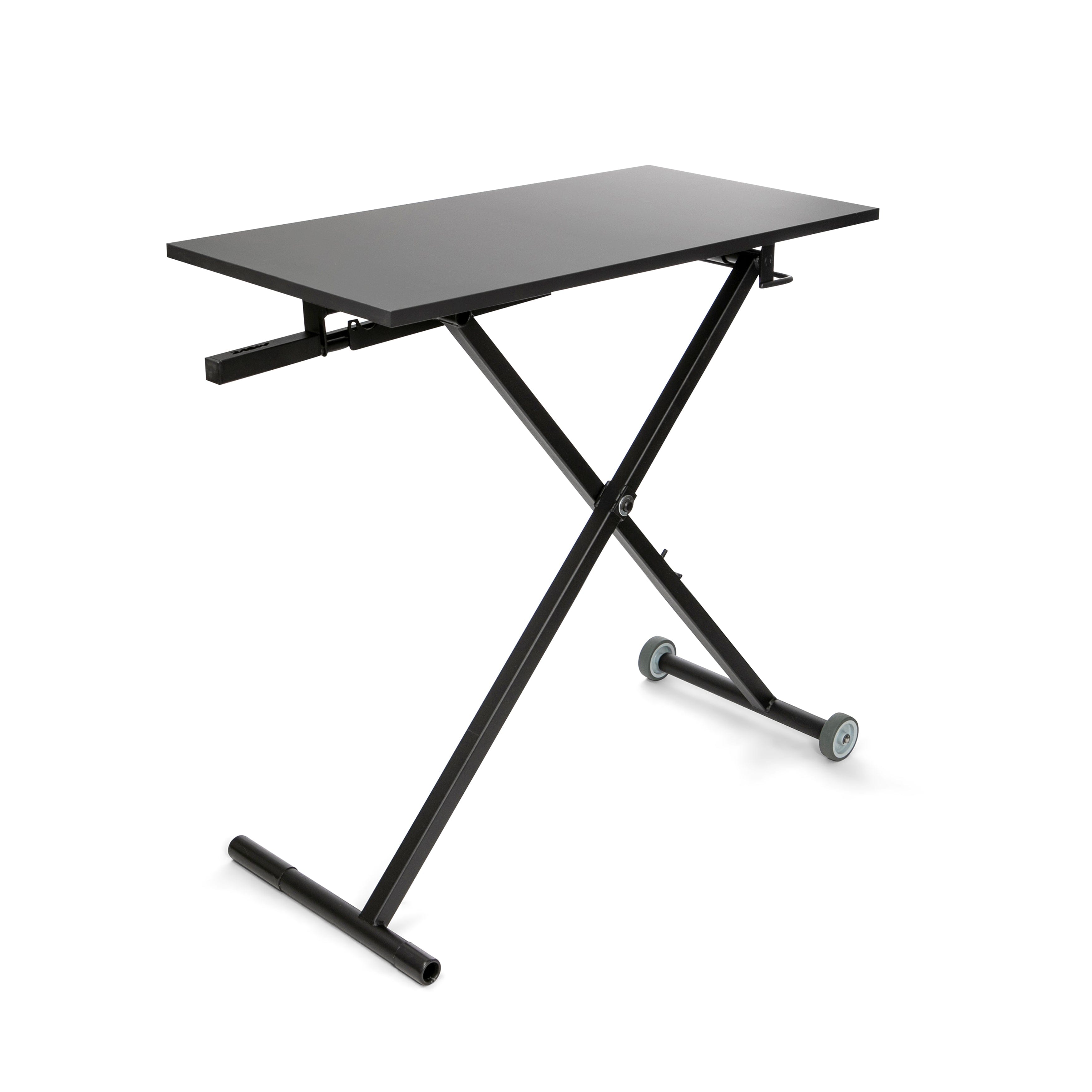 Adjustable black GetUpDesk Move desk with wheels for easy mobility and flexible work setups.