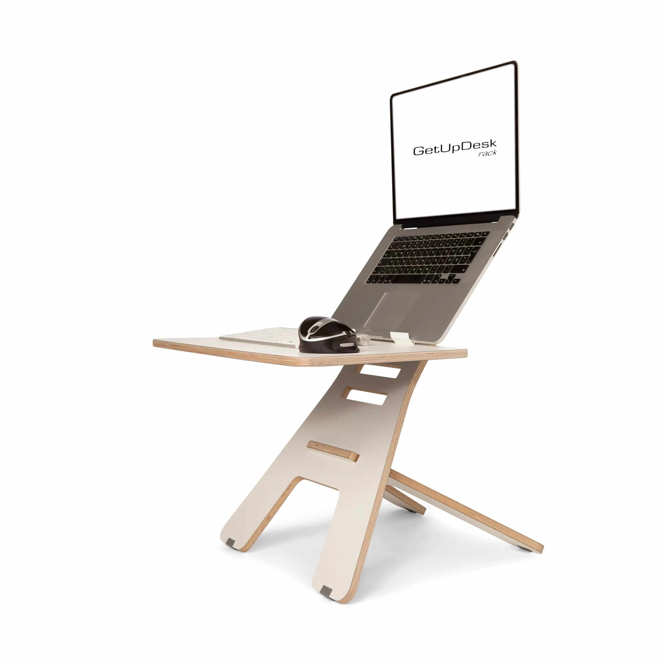 Ergonomic laptop stand rack with adjustable height for improved desk posture and productivity, featuring space for keyboard and mouse.