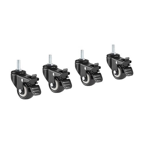 Set of four black caster wheels with locking mechanisms for furniture or office desks