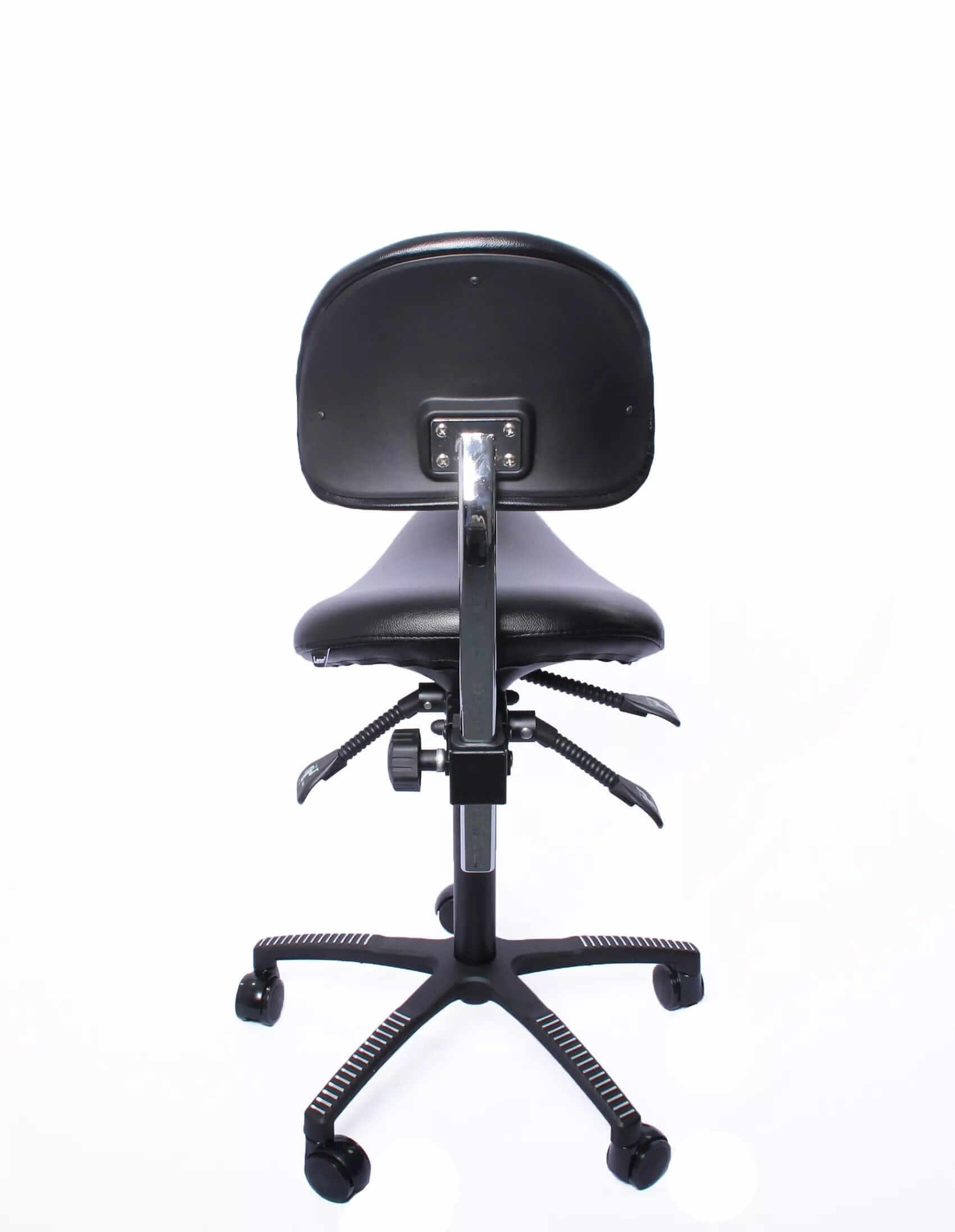 Lenni saddle chair with height-adjustable back support in black artificial leather, ergonomic design for better posture.