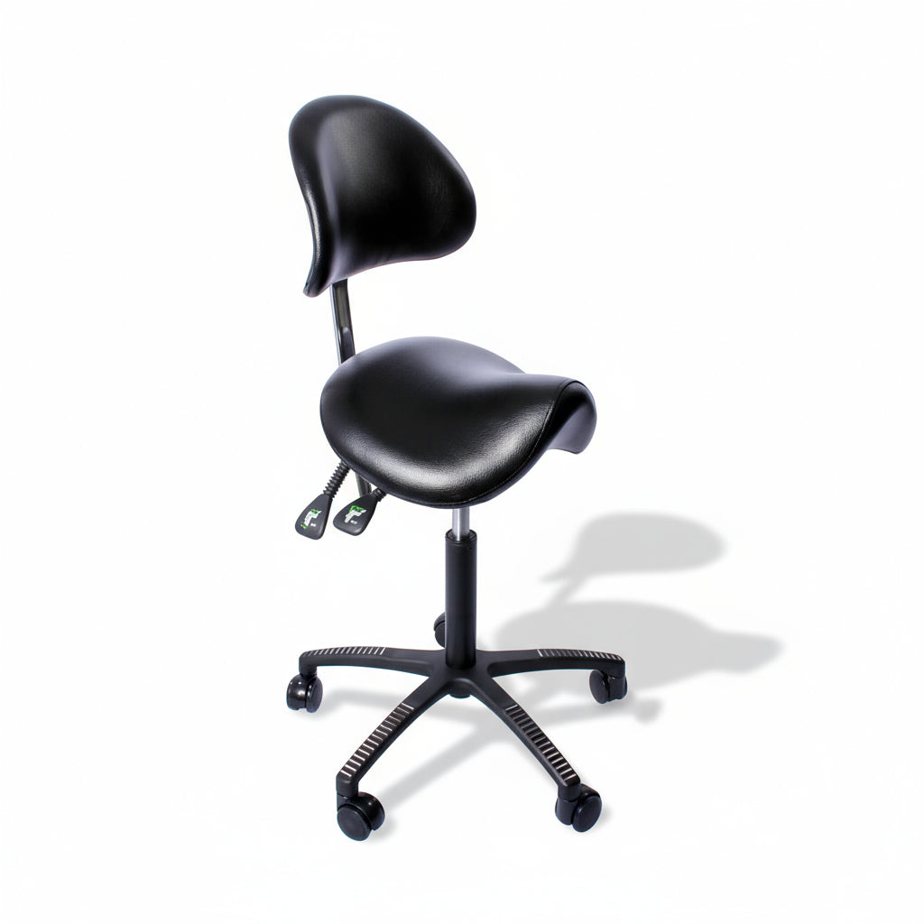 Lenni saddle chair with back support in black artificial leather, ergonomic design for good posture and comfort.