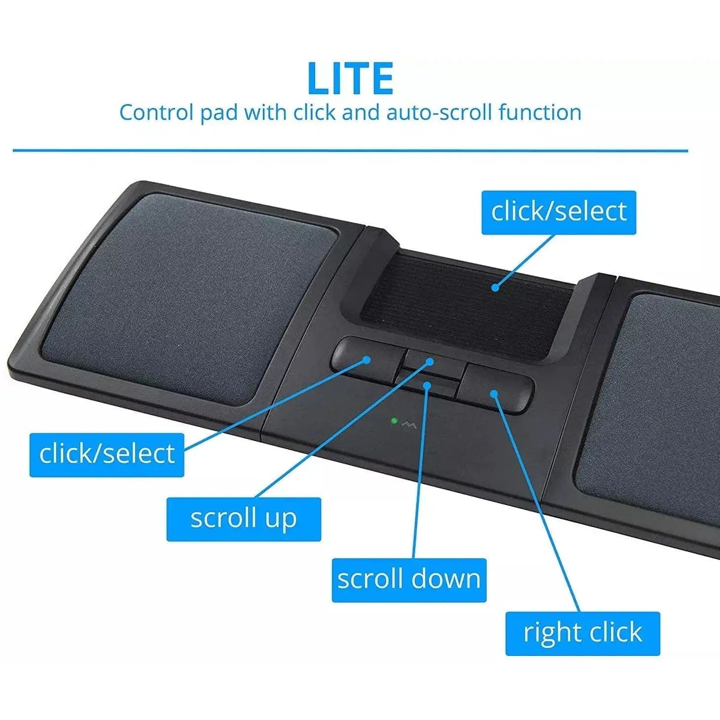 Lite black Mousetrapper control pad with click/select, scroll, and right-click features, designed for wrist support.