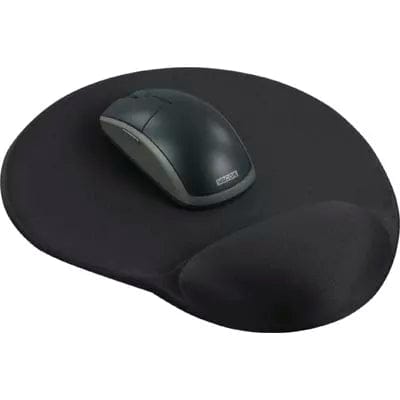 Ergonomic mouse pad with gel wrist support and black computer mouse for enhanced comfort and wrist relief during computer use.