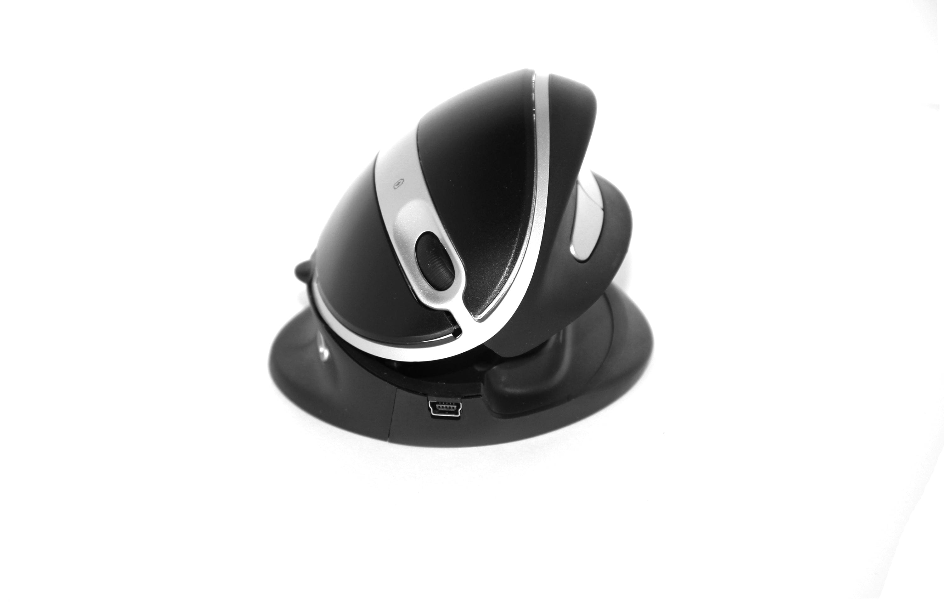 Ergonomic OysterMouse adjustable wireless vertical mouse for right and left-handed users, shown at an angle with a sleek design.