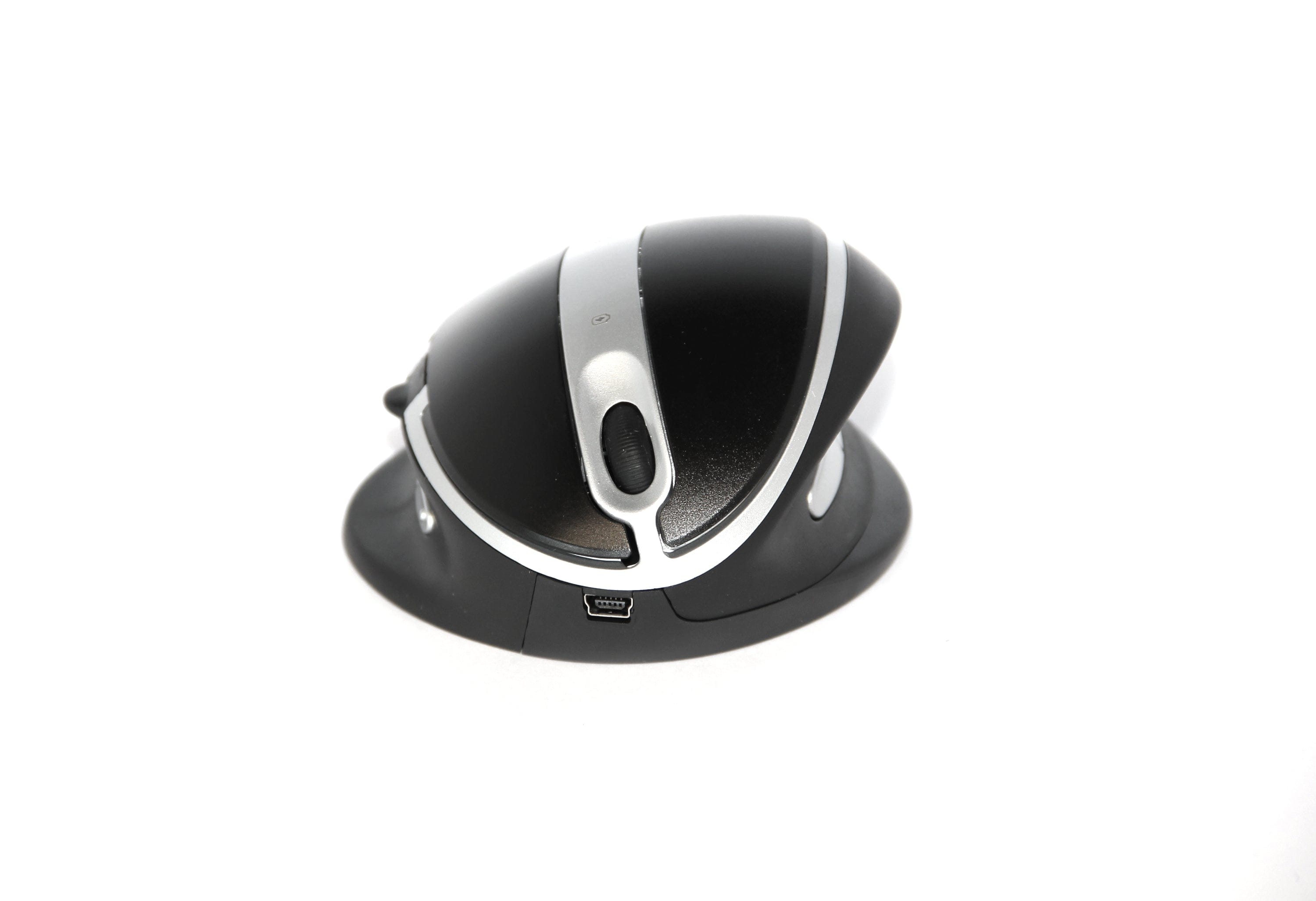 Ergonomic vertical wireless mouse with black and silver design, offering adjustable angles for optimal comfort and posture.