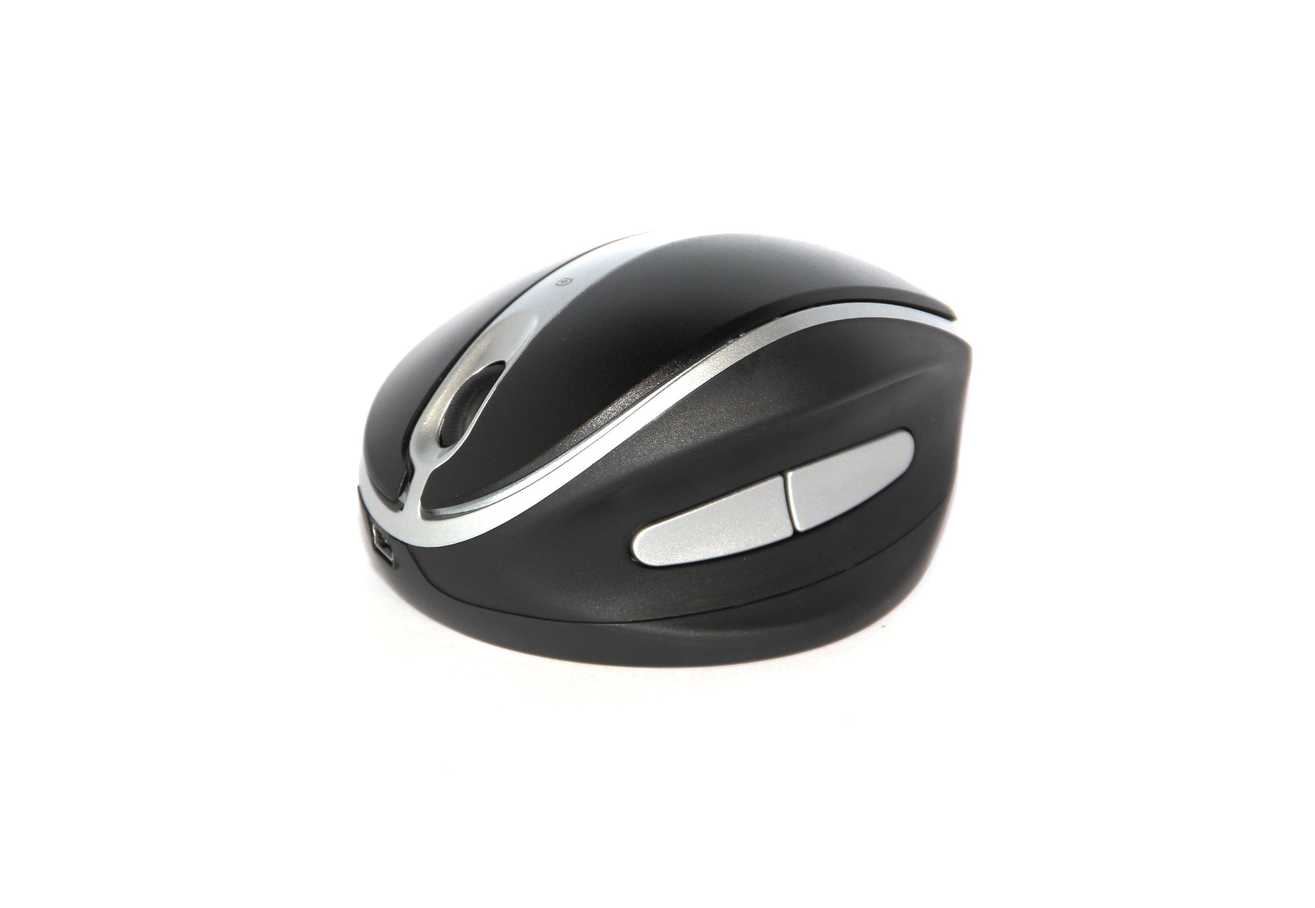 Ergonomic vertical wireless mouse in black with silver trim, designed for right and left hand use with adjustable angles.