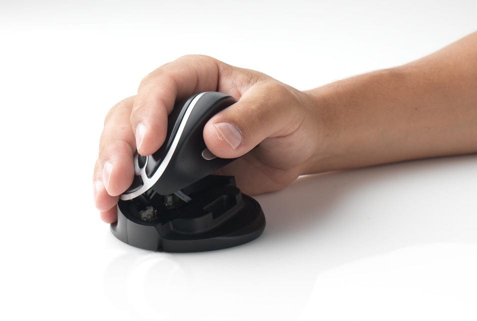 Hand using OysterMouse Verticore wireless ergonomic mouse with adjustable angles for improved workplace comfort and posture.