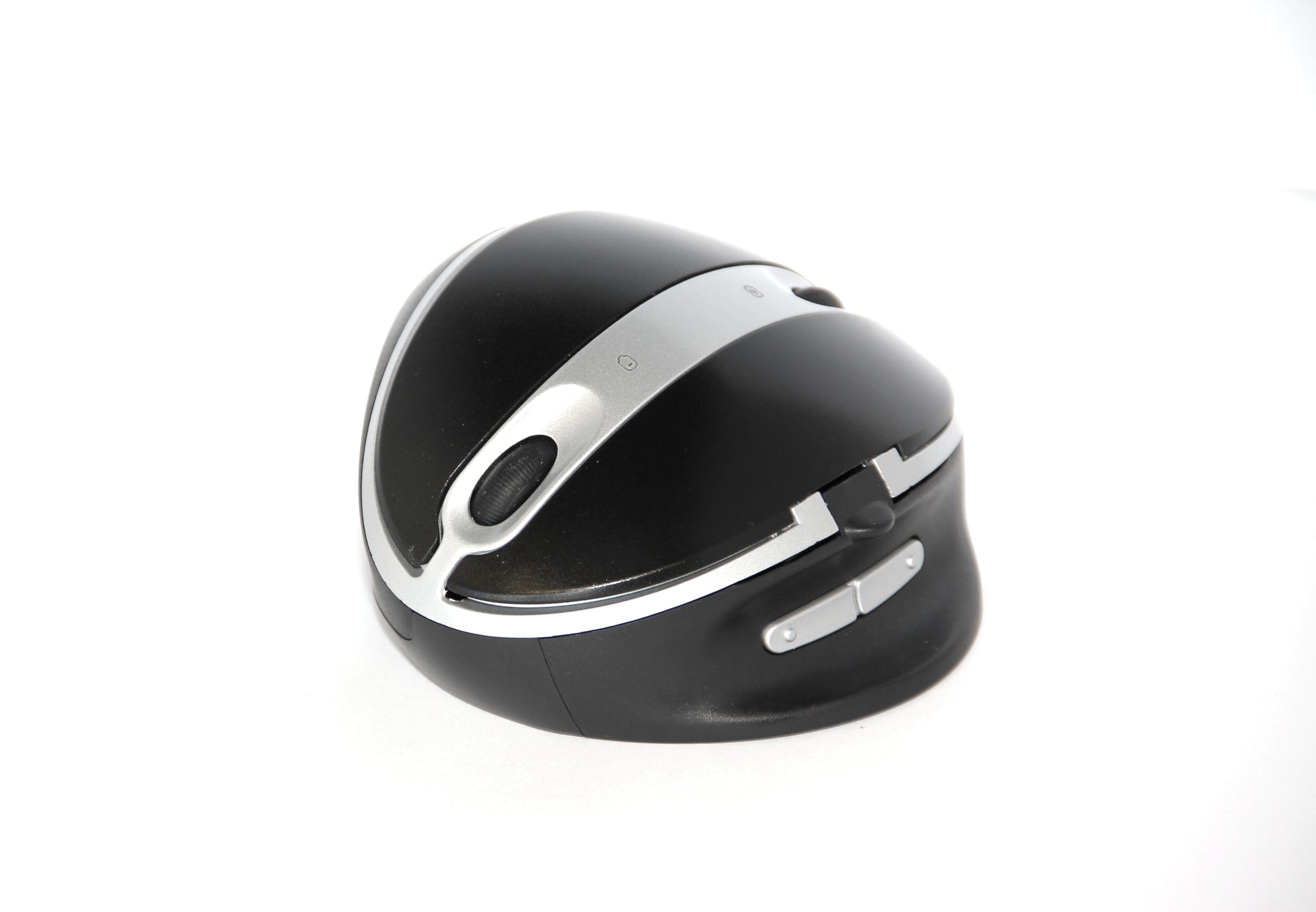 Ergonomic wireless vertical mouse with adjustable angles for improved posture and comfort in black and silver design.