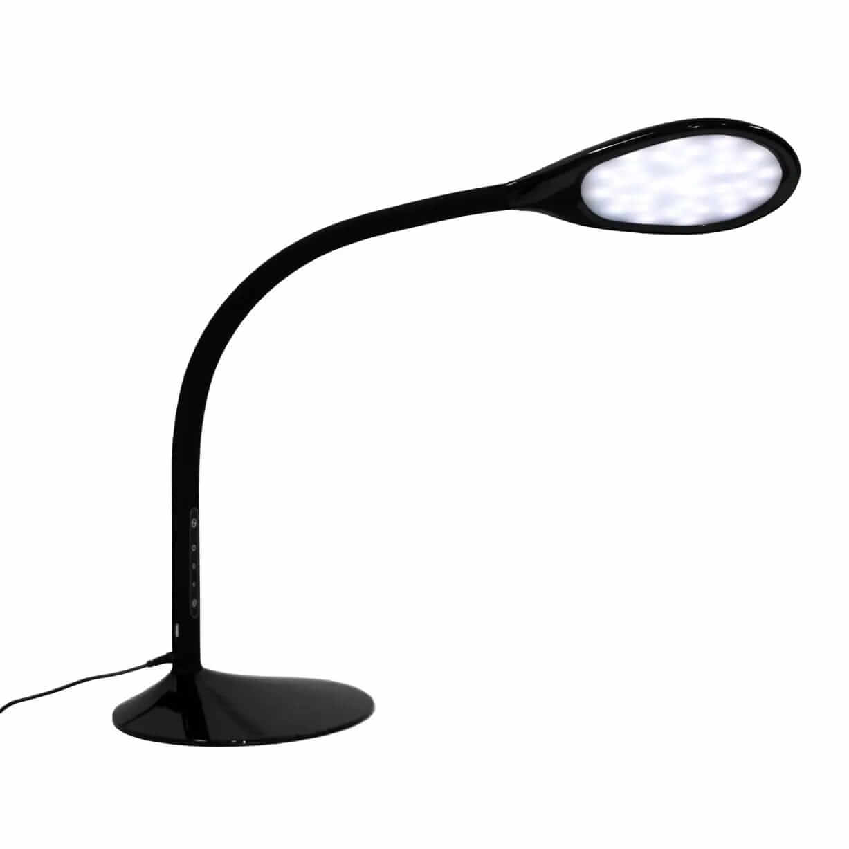 Black ProLite Zynk desk lamp with curved design and illuminated head for adjustable brightness and low energy usage.