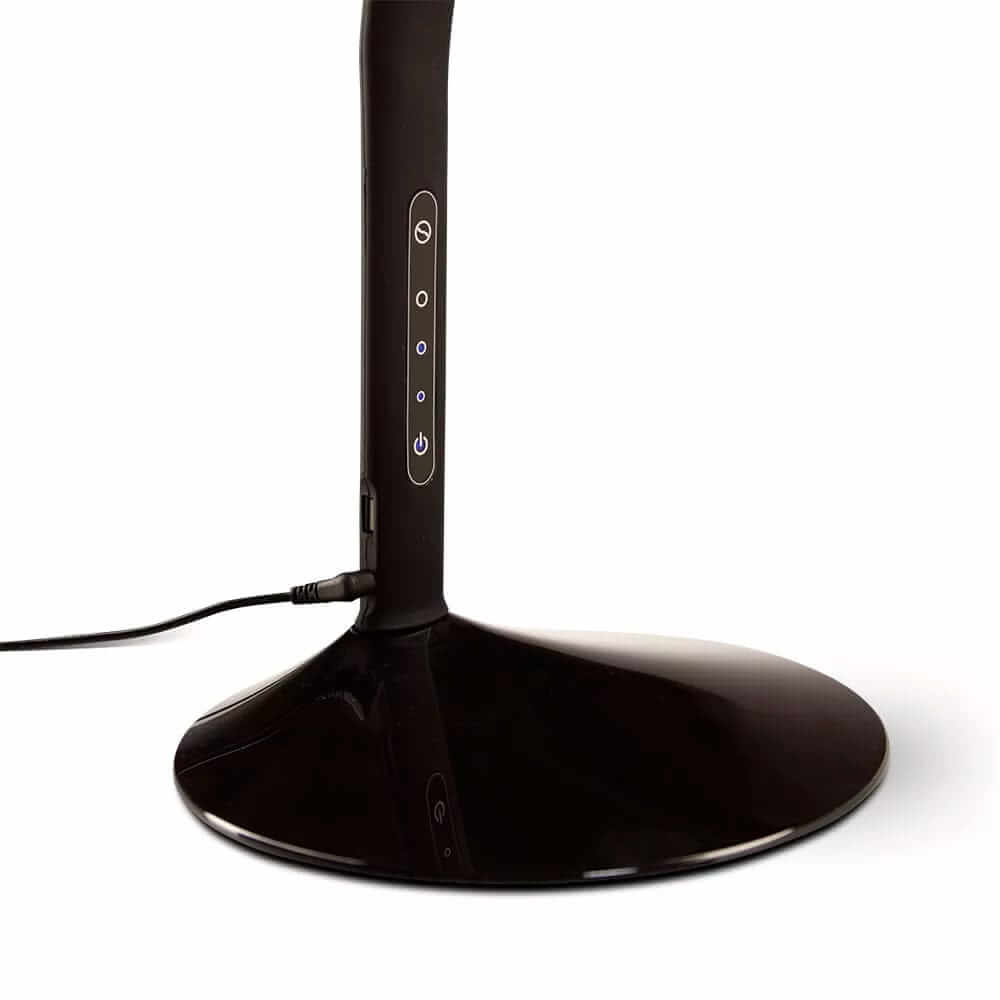 Close-up of the ProLite Zynk desk lamp base with touch controls, showcasing sleek black design and modern features.