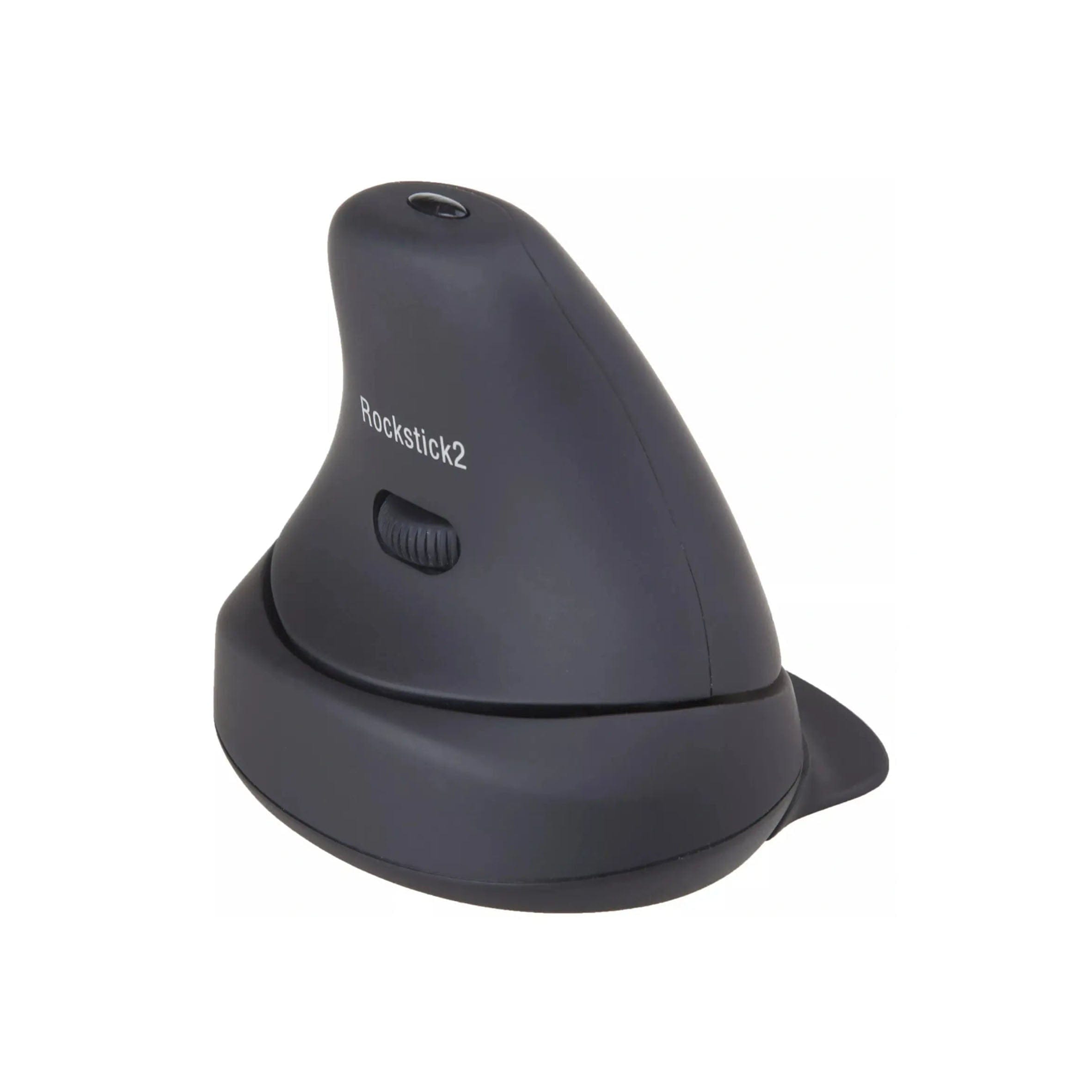 Wireless ErgoFinland Rockstick 2 vertical-rocking ergonomic mouse in black, innovative click design for comfort-focused computing.