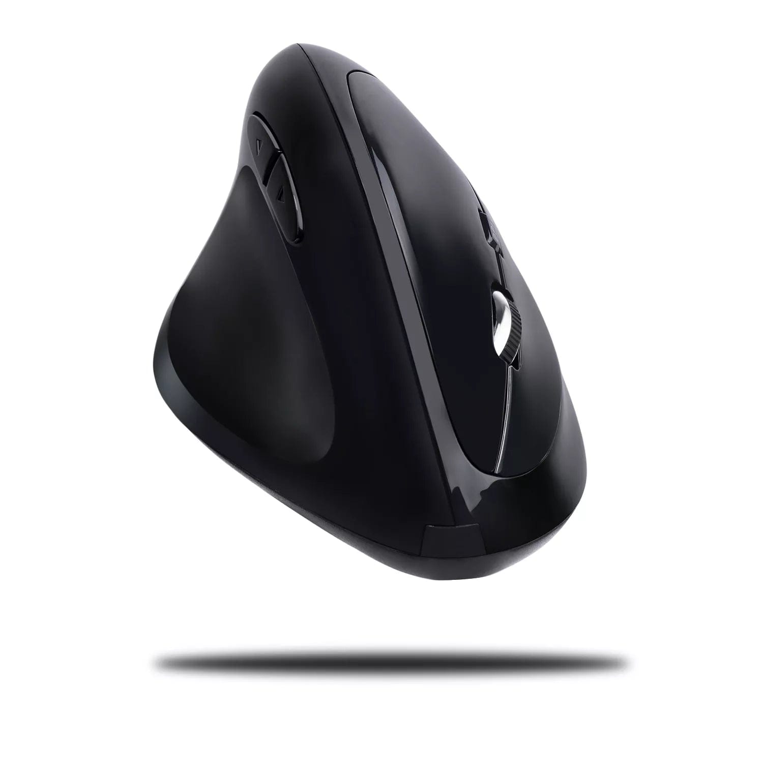 Ergonomic iMouse E70 vertical wireless mouse with six programmable buttons and sleek black design for comfortable hand positioning.