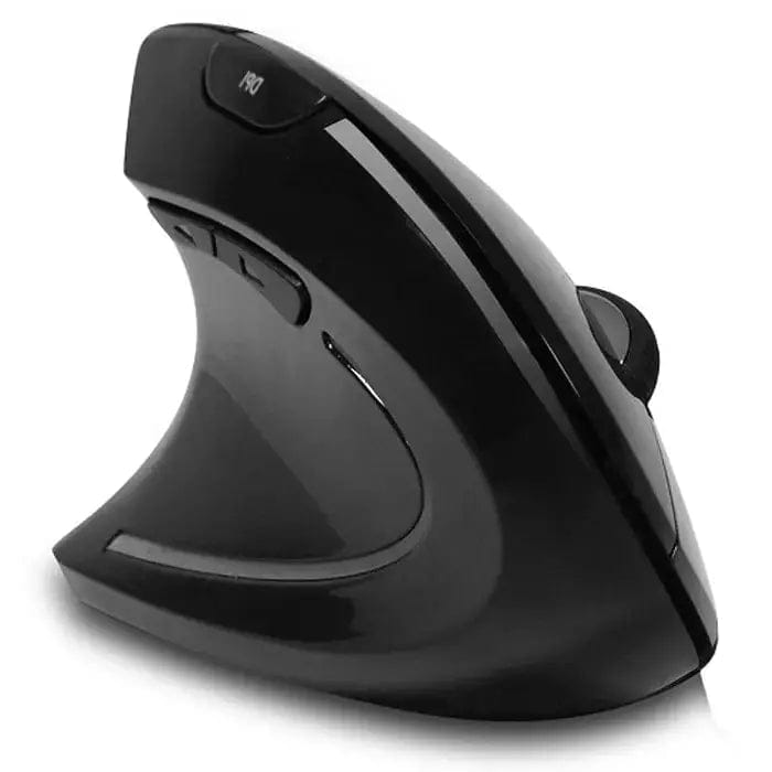 Ergonomic iMouse E90 vertical wireless mouse for left-handed users in black, designed to support natural hand position.