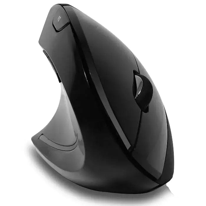 Ergonomic iMouse E90 left-handed wireless vertical mouse in black, designed for comfort and wrist pain prevention.